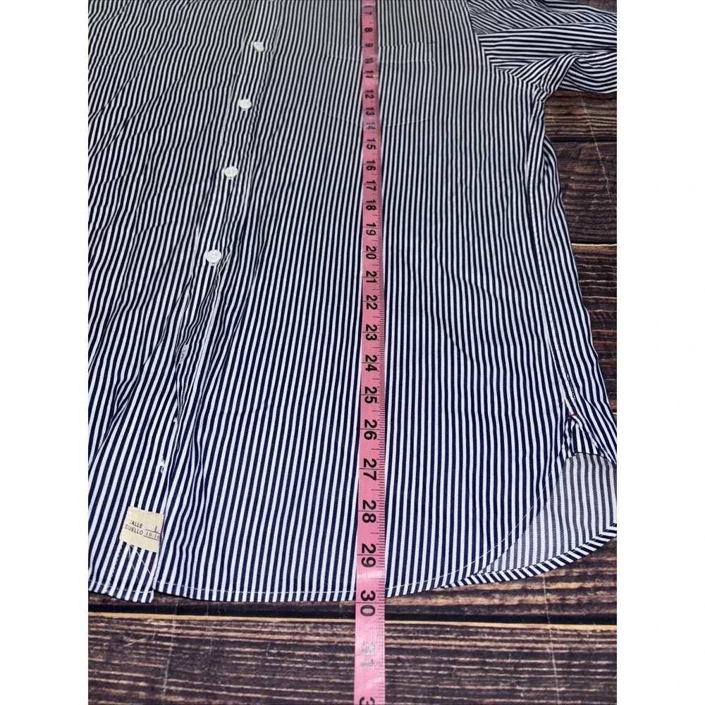 Etiqueta Negra Button Down Dress Blue White stripe Long sleeve Sz L Poplin 80/2 - Picture 6 of 7